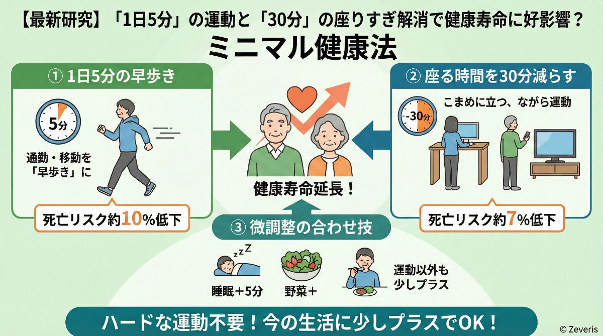 【最新研究】「1日5分」の運動と「30分」の座りすぎ解消で寿命が延びる？13万人調査が示す「ミニマル健康法」