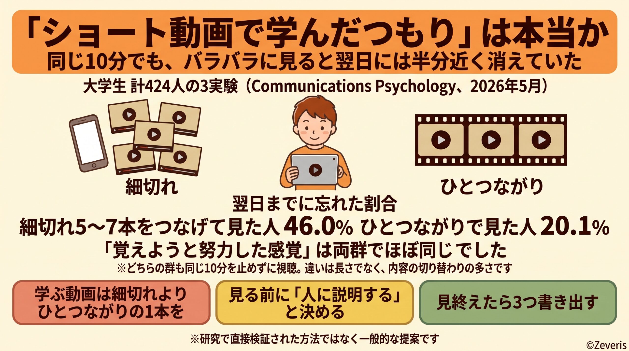 「ショート動画で学んだつもり」は本当か――同じ10分でも、中身が細切れだと翌日には半分近く消えていた