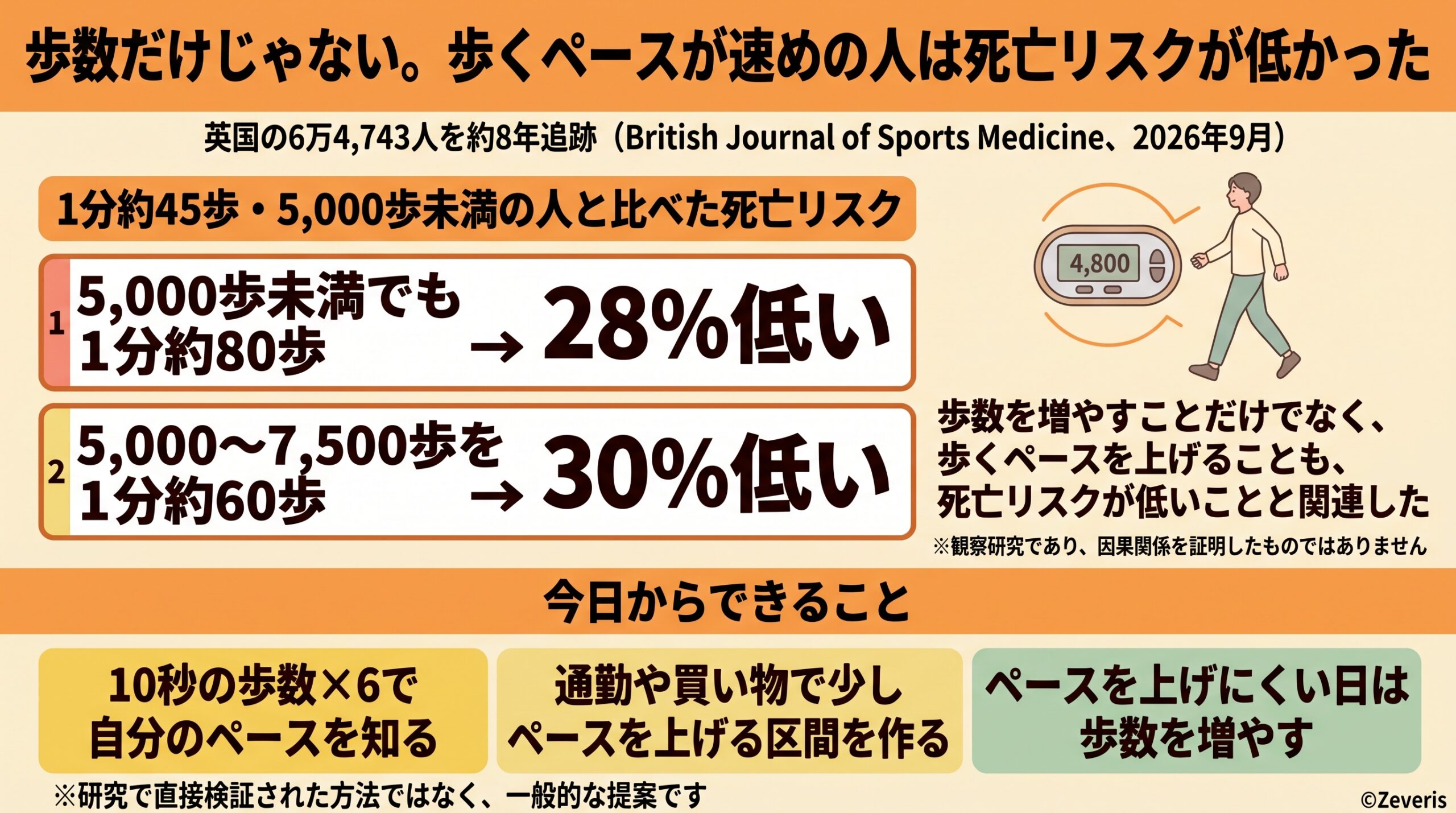 歩数だけじゃない。歩くペースが速めの人は死亡リスクが低かった