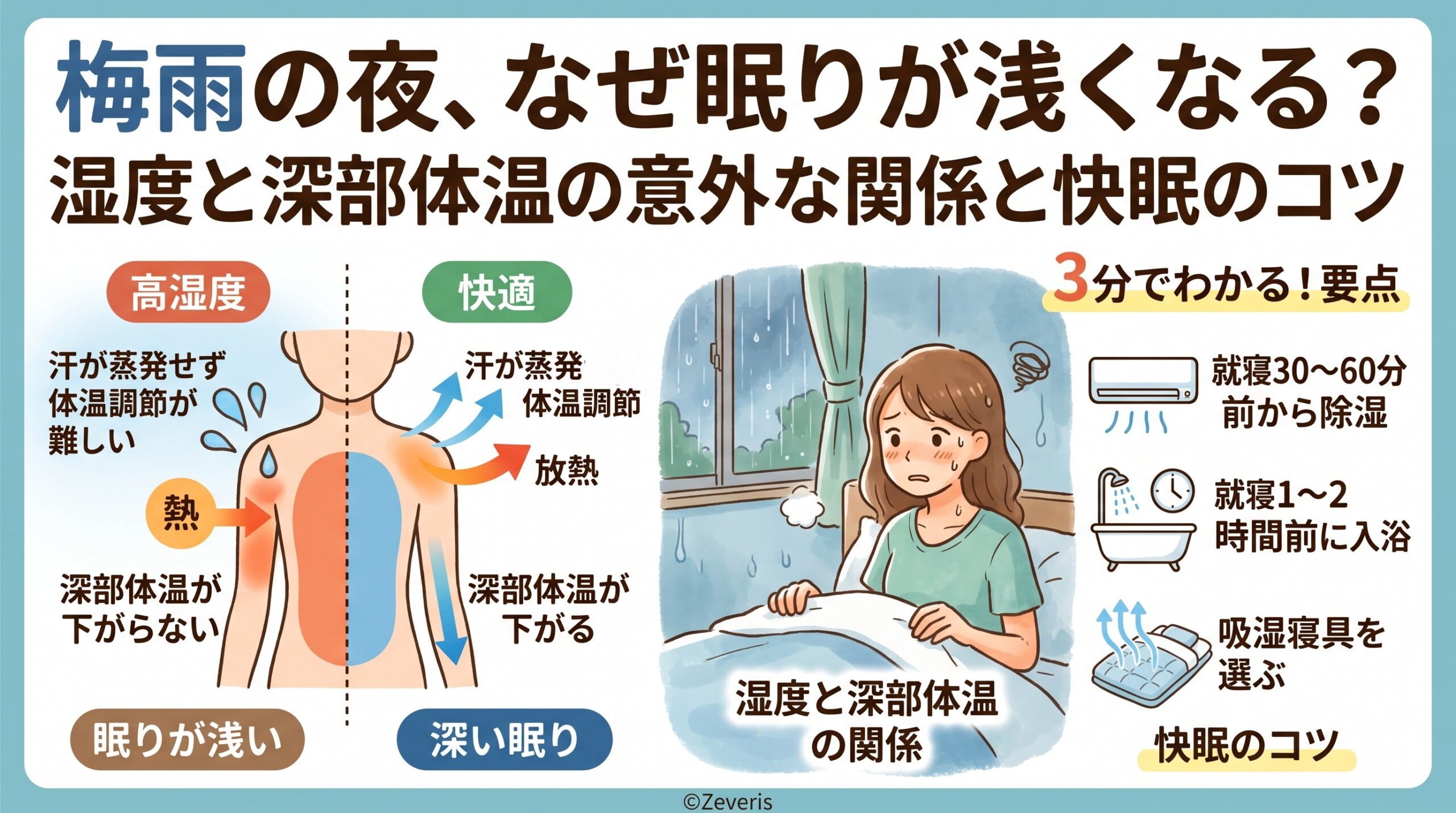 梅雨の夜、なぜ眠りが浅くなる？湿度と深部体温の意外な関係と快眠のコツ