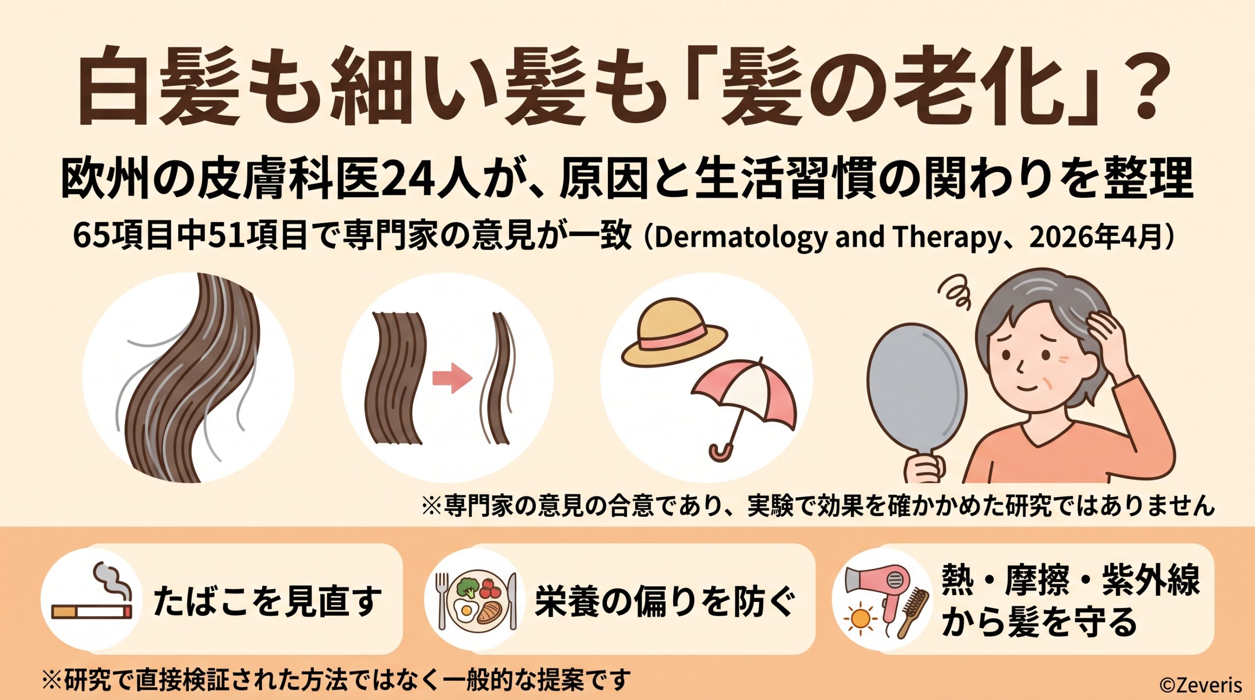 白髪や細くなる髪は「髪の老化」――欧州の皮膚科医24人が整理した原因と、生活習慣の関わり