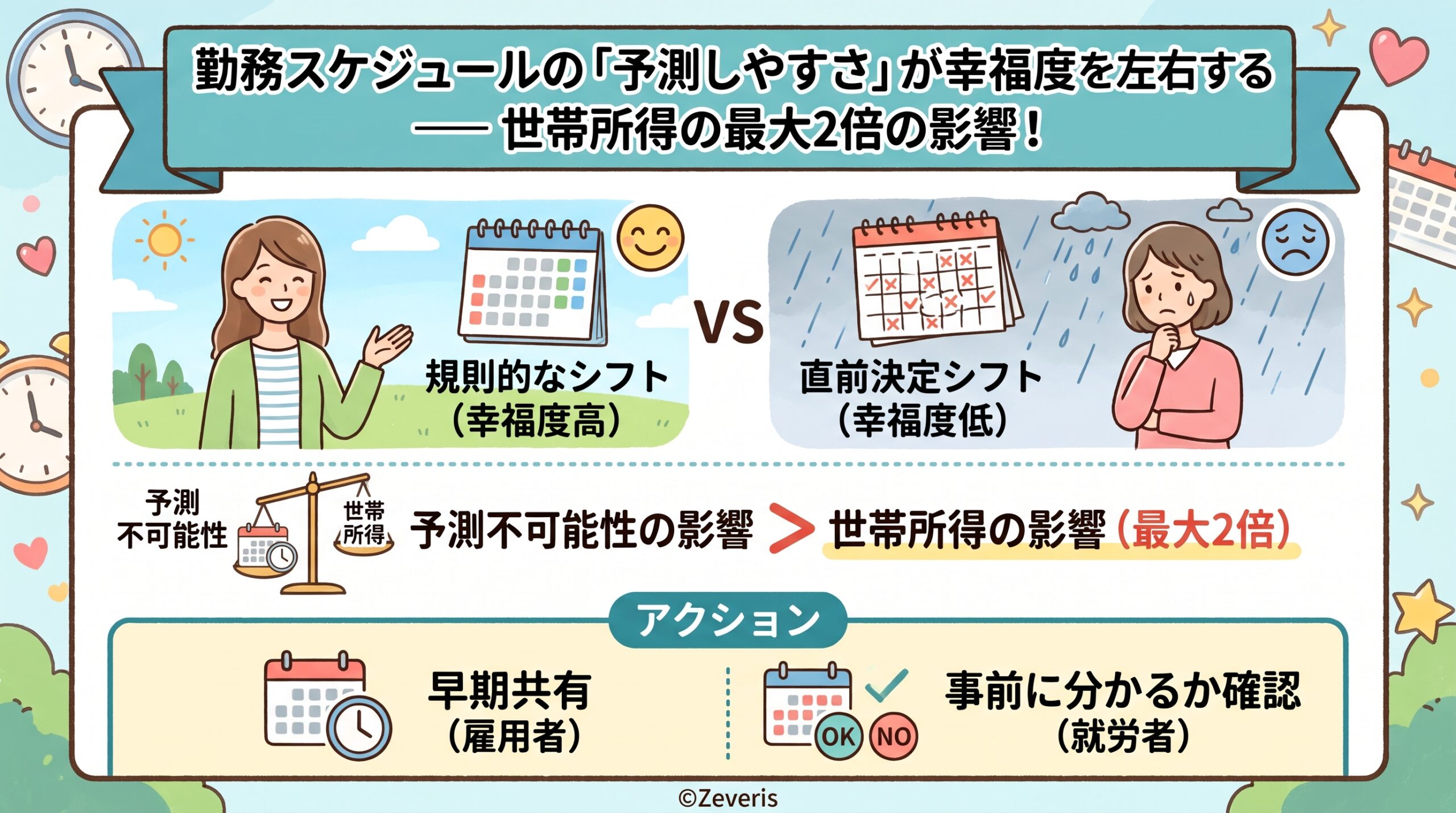 勤務スケジュールの「予測しやすさ」が幸福度を左右する ― 米国調査、その影響は世帯所得の最大2倍  X  Instagram  Threads  Facebook