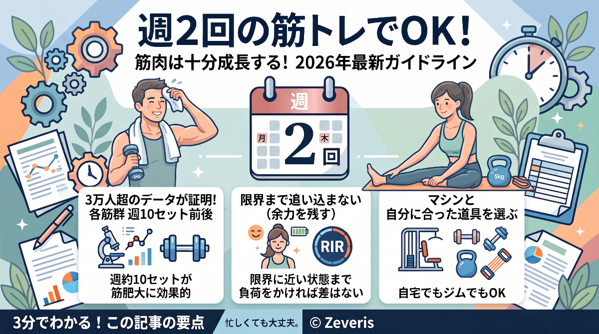 忙しくても大丈夫。週2回の筋トレでも筋肉は十分成長する――2026年最新ガイドライン