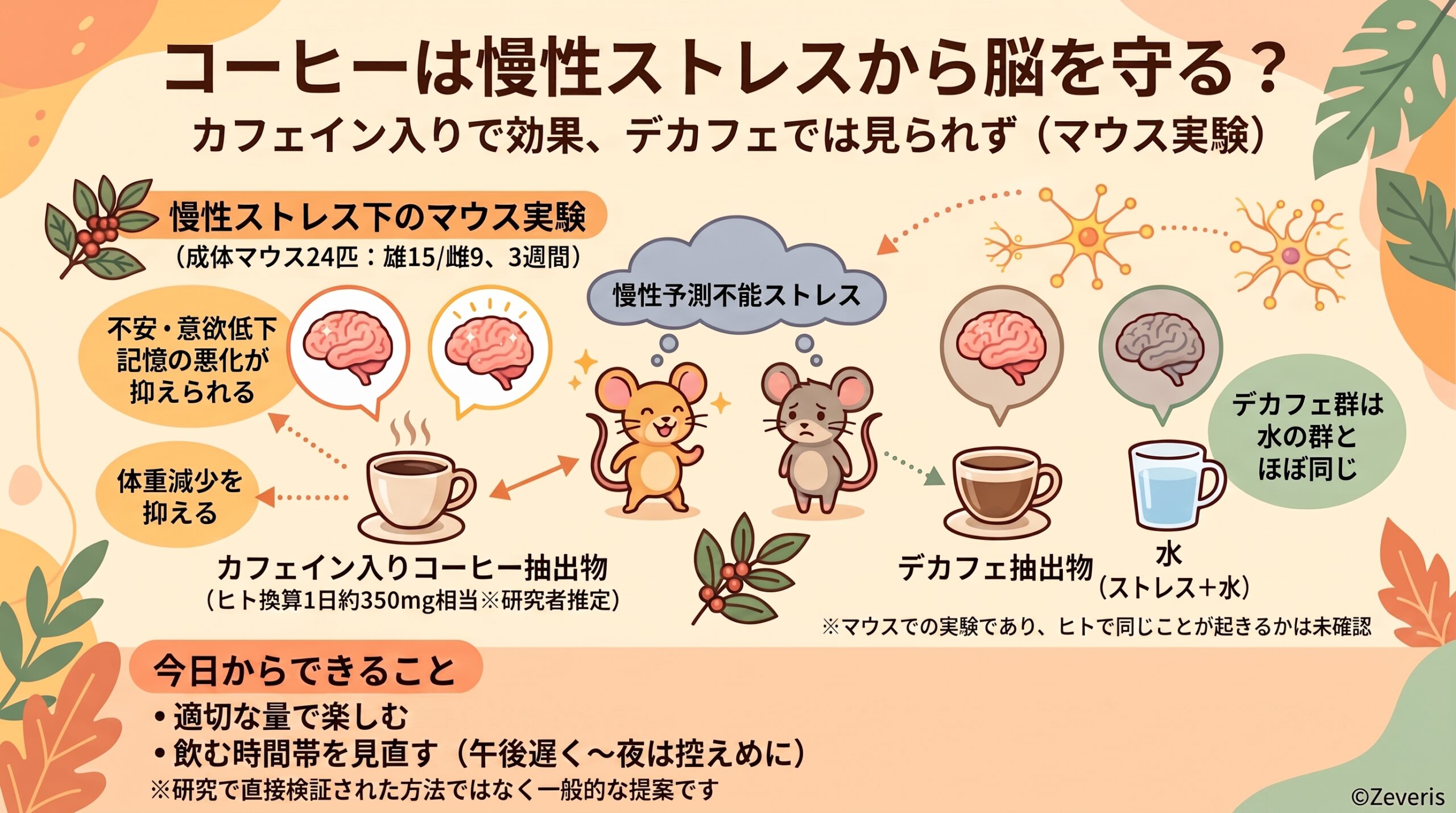 コーヒーは慢性ストレスから脳を守る？ ――カフェインの効果をマウス実験で確認