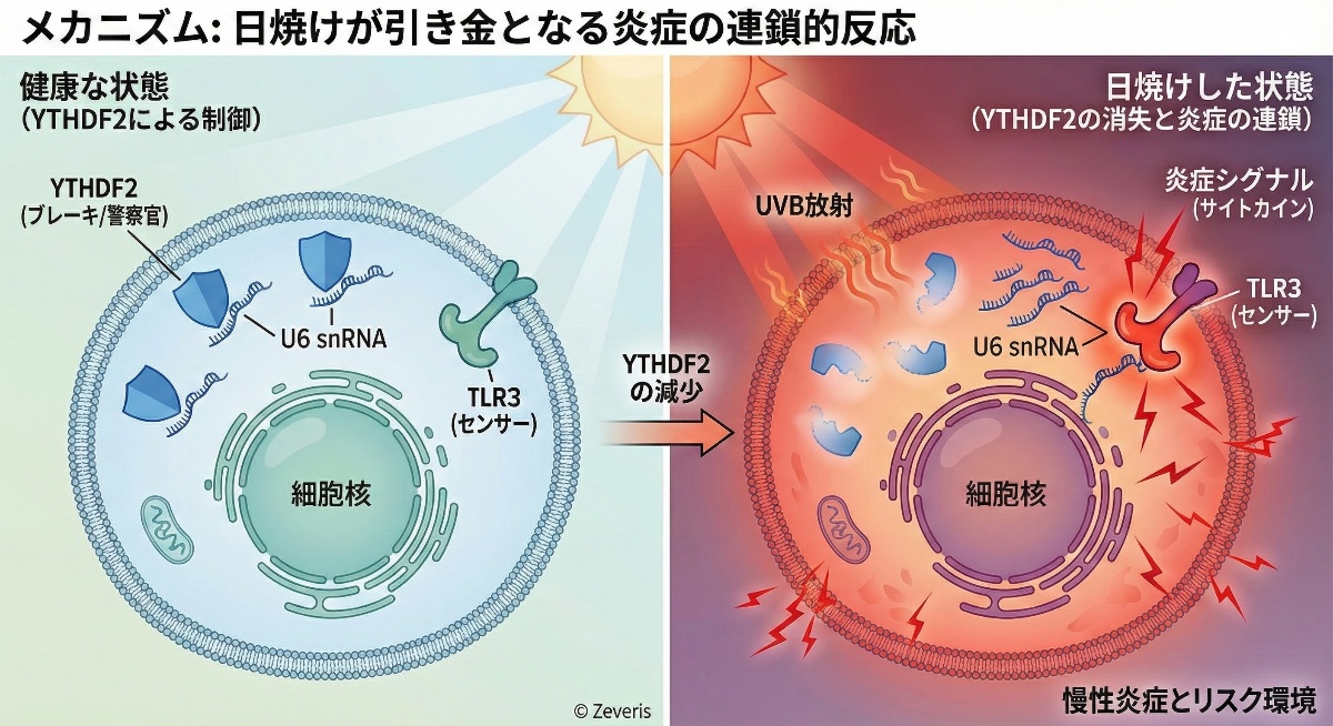 【研究解説】日焼けが「トラブルの連鎖」を招くメカニズム：鍵はタンパク質「YTHDF2」の消失にあった