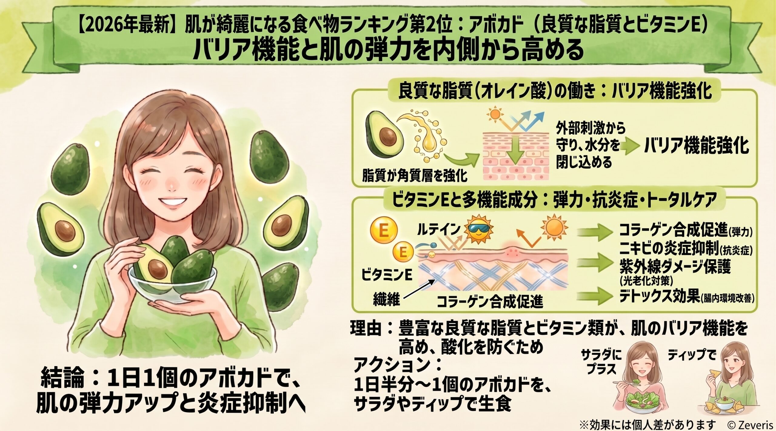 【2026年最新】肌が綺麗になる食べ物ランキング第2位！アボカド（良質な脂質とビタミンE）｜バリア機能と肌の弾力を内側から高める