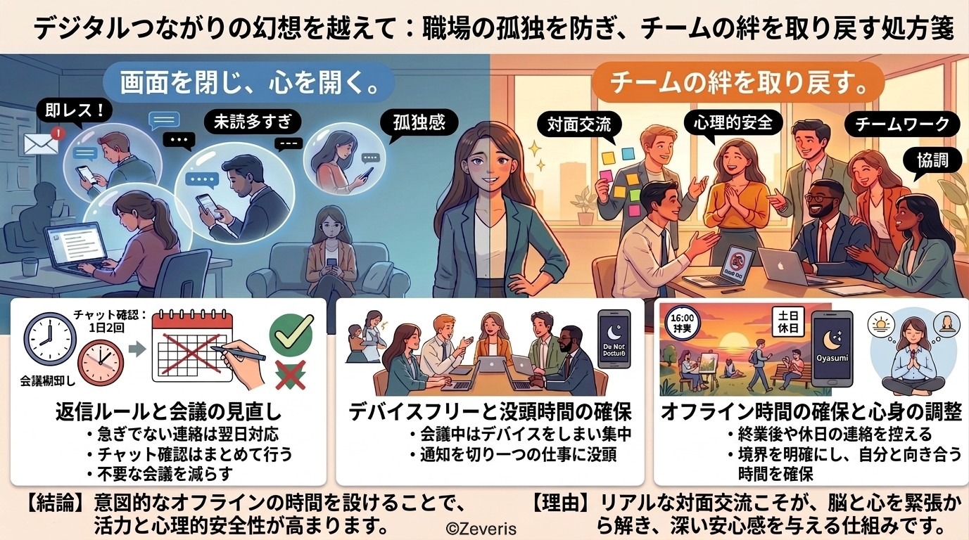 デジタルつながりの幻想を越えて：職場の孤独を防ぎ、チームの絆を取り戻す処方箋