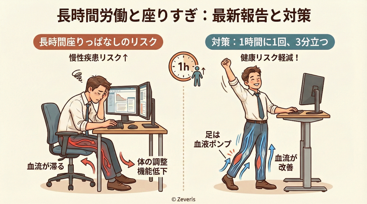 【最新報告】長時間労働と座りっぱなしが、30〜40代を中心とした働き盛り世代で慢性疾患リスクを高めている可能性